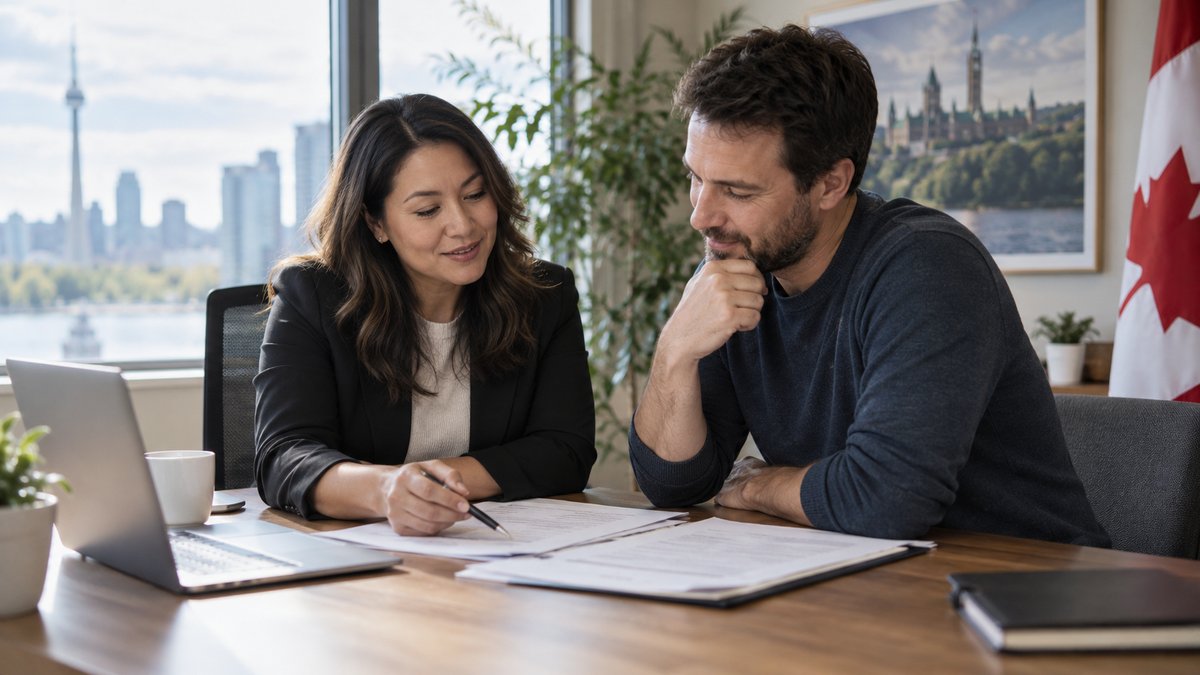 A supportive mortgage adviser and borrower review a credit-rebuilding plan and plain budget papers in a quiet office — illustrative image