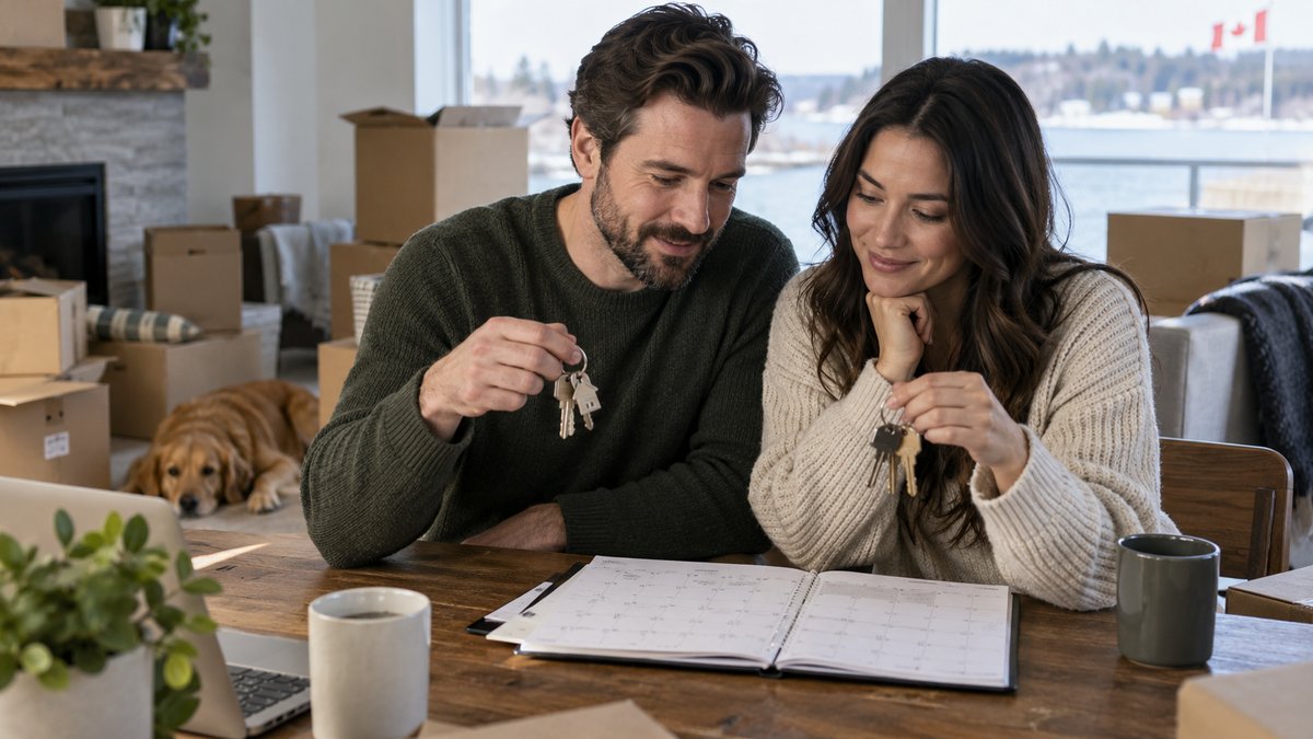 A couple sits amid moving boxes reviewing two sets of house keys and a closing calendar while planning their move — illustrative image