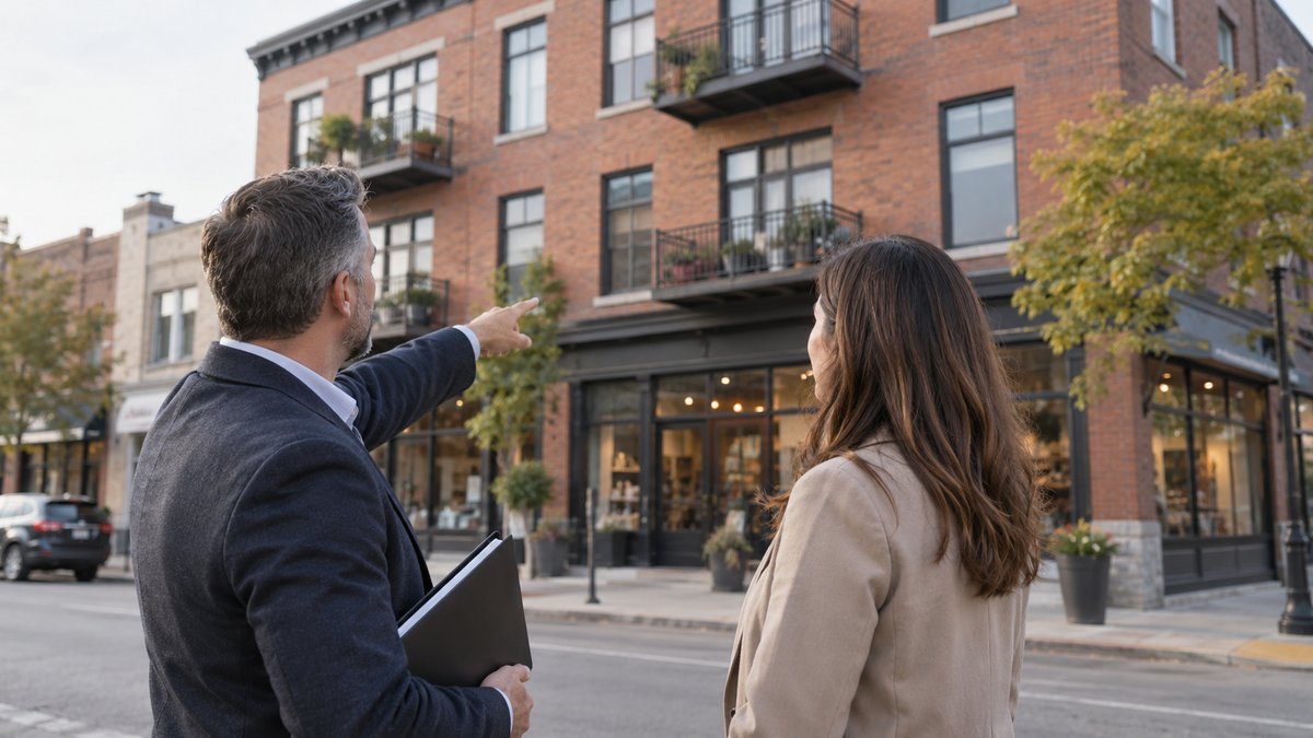 A small-business property owner and adviser view an unbranded mixed-use brick building, shops below and apartments above — illustrative image