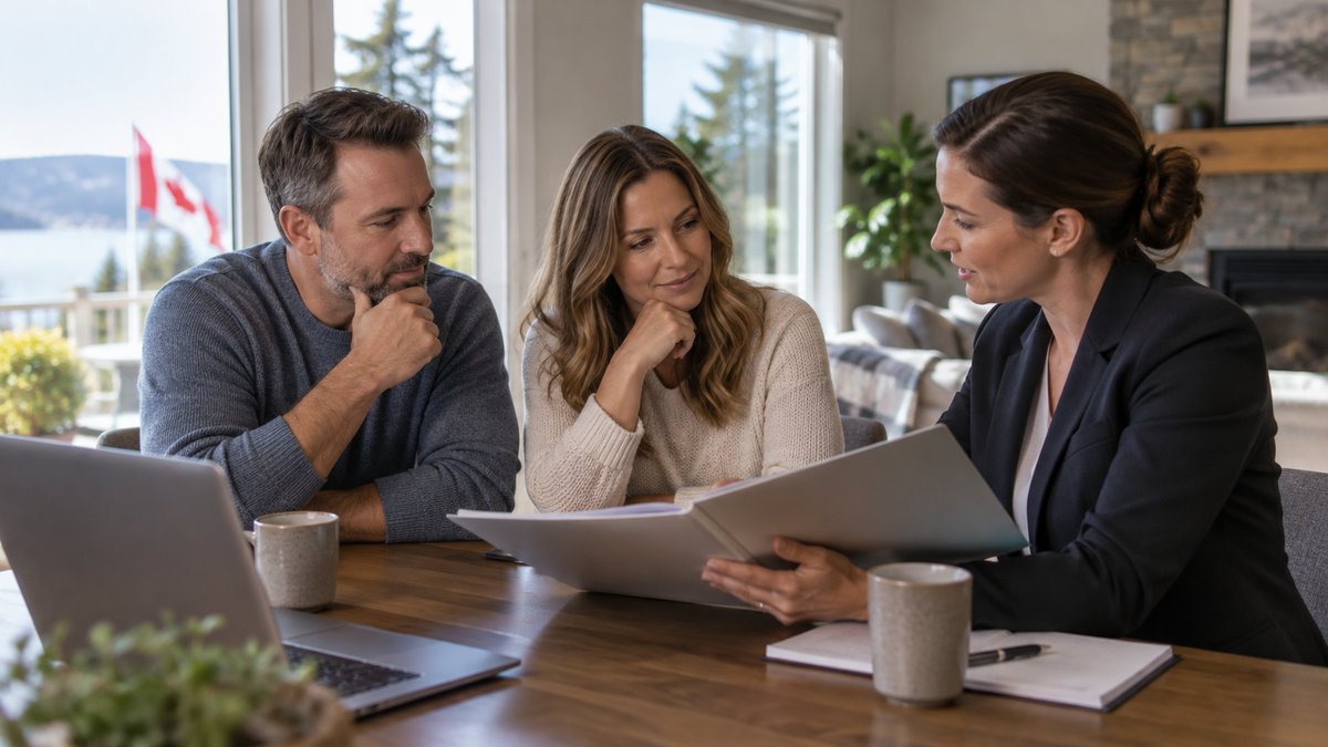 A couple discusses borrowing against their home with an adviser, comparing a plain loan folder and repayment notes — illustrative image