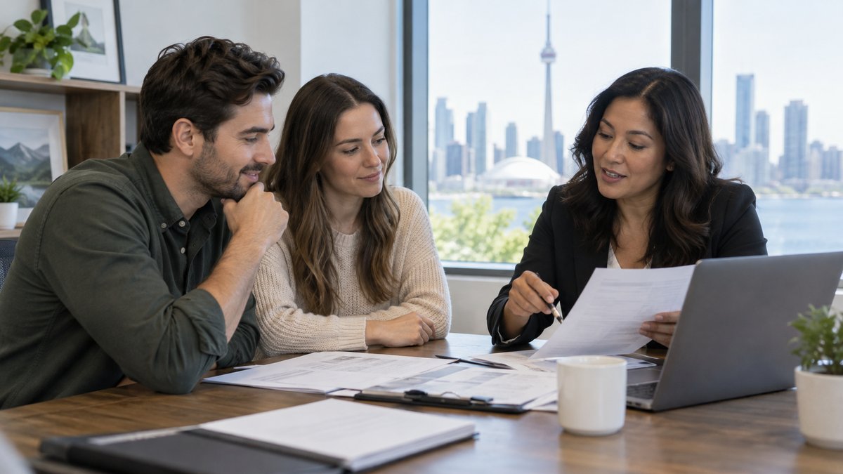 A prospective buyer meets an adviser to review proof-of-income documents and a homebuying budget in a modern office — illustrative image