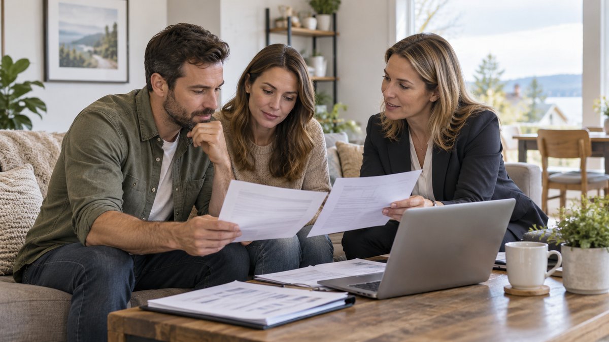 A homeowner reviews two mortgage proposals and a household budget with an adviser in a bright living room — illustrative image