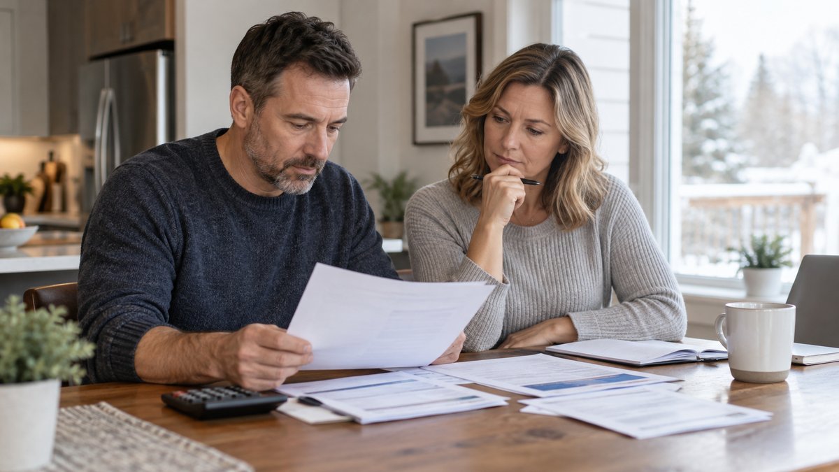 A homeowner compares a renewal letter and competing mortgage offers at a kitchen table, a calculator beside the papers — illustrative image