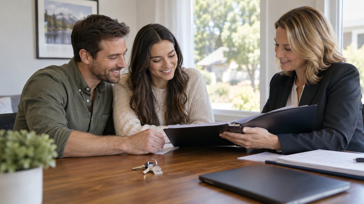 A couple reviews a home purchase closing folder with an adviser, house keys resting on the desk — illustrative image