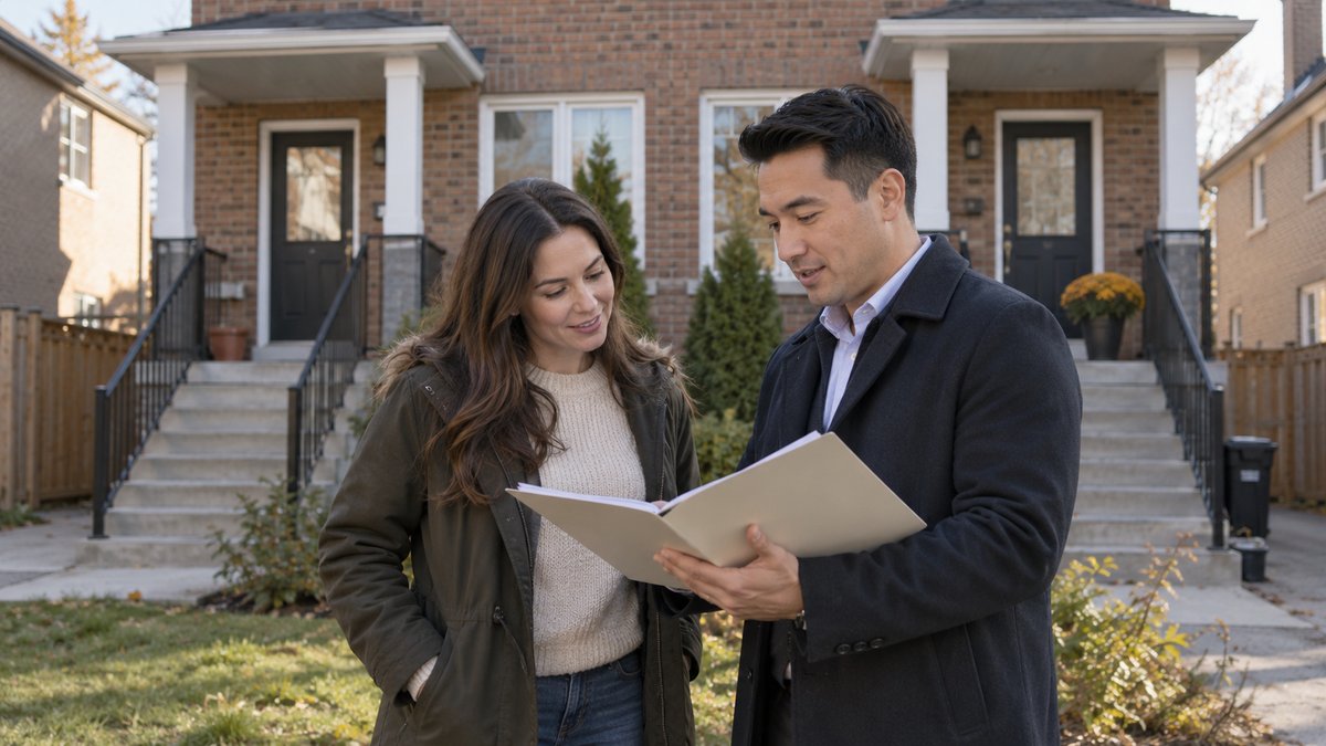 An owner and mortgage adviser stand outside a modest Canadian duplex with separate entrances, reviewing a plain property folder — illustrative image