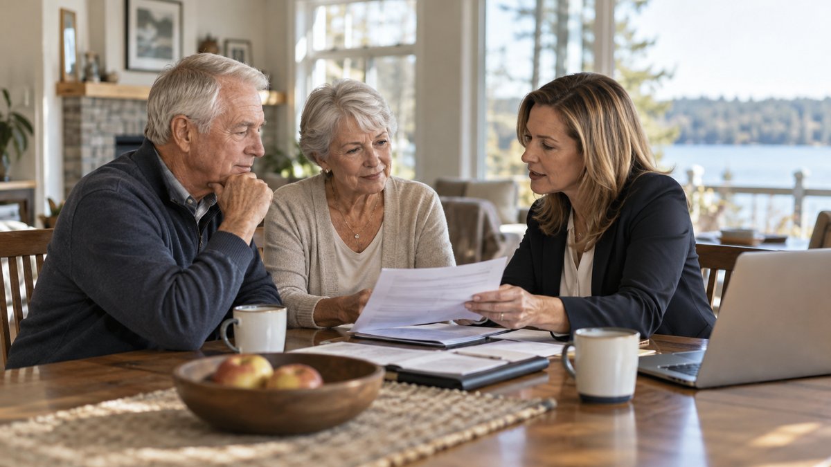 An older couple discusses home equity options with an adviser in their comfortable long-owned home — illustrative image