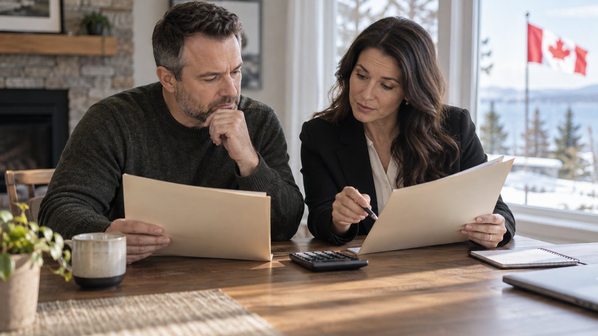 A homeowner and mortgage adviser carefully compare two plain loan folders and a calculator at a desk — illustrative image