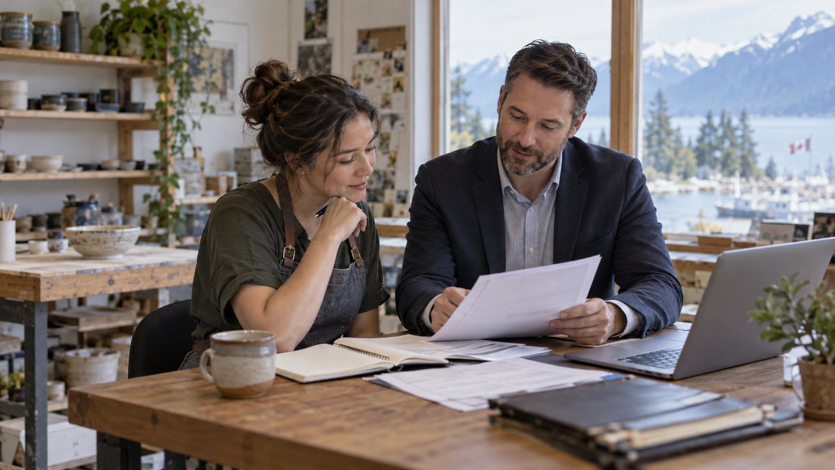 A small-business owner reviews business accounts and a mortgage application with an adviser at a desk beside a working craft studio — illustrative image