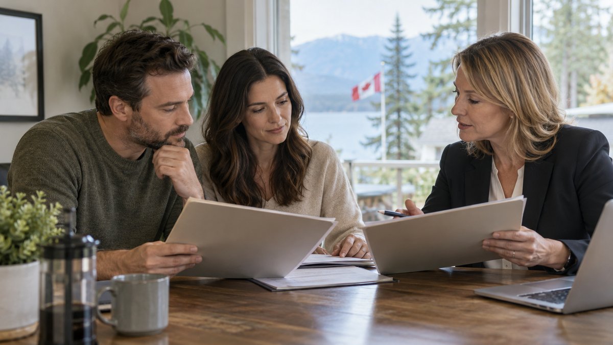 A homeowner compares offers in two plain folders with an adviser, choosing mortgage terms at a desk — illustrative image