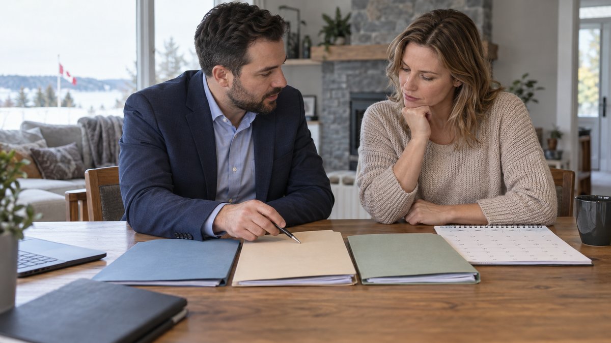 an adviser and homeowner reviewing three plain loan folders and a repayment calendar — illustrative image