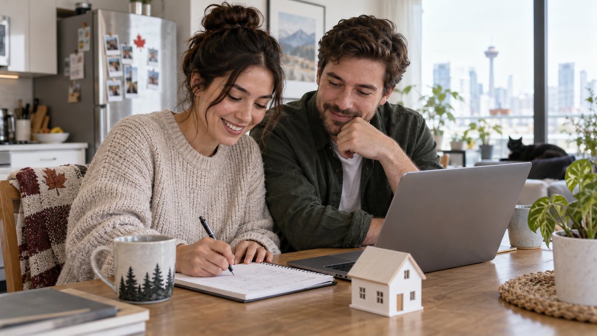 A couple reviews their first-home savings plan together at a kitchen table.